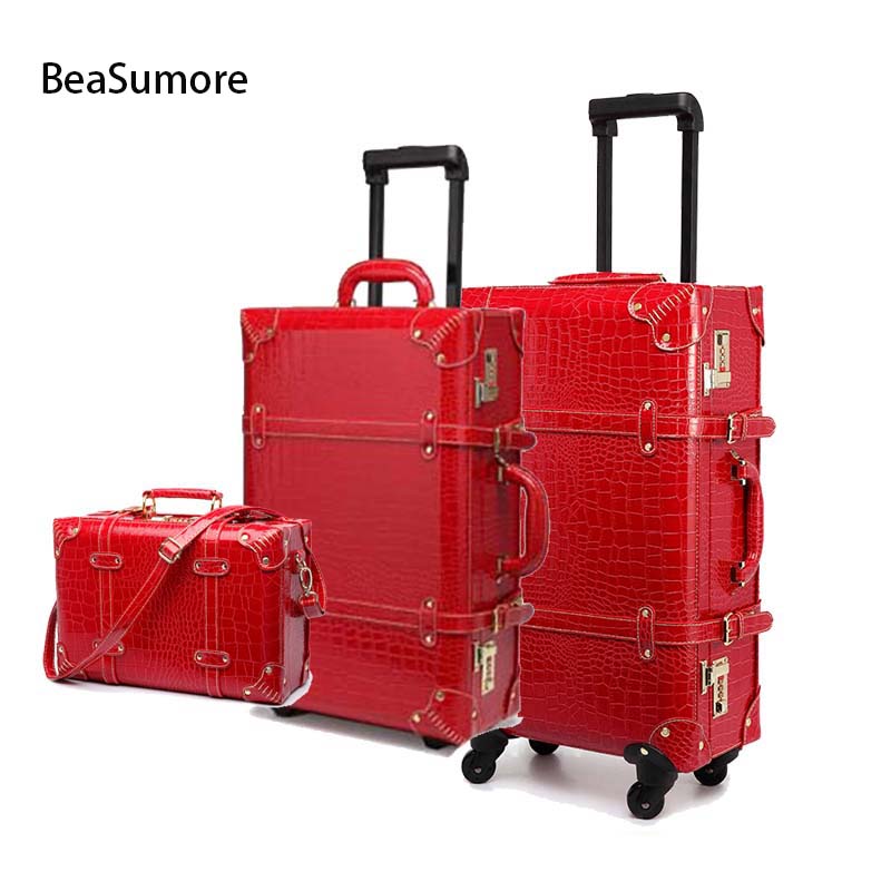 BeaSumore Retro Crocodile PU Leather Rolling Luggage Sets